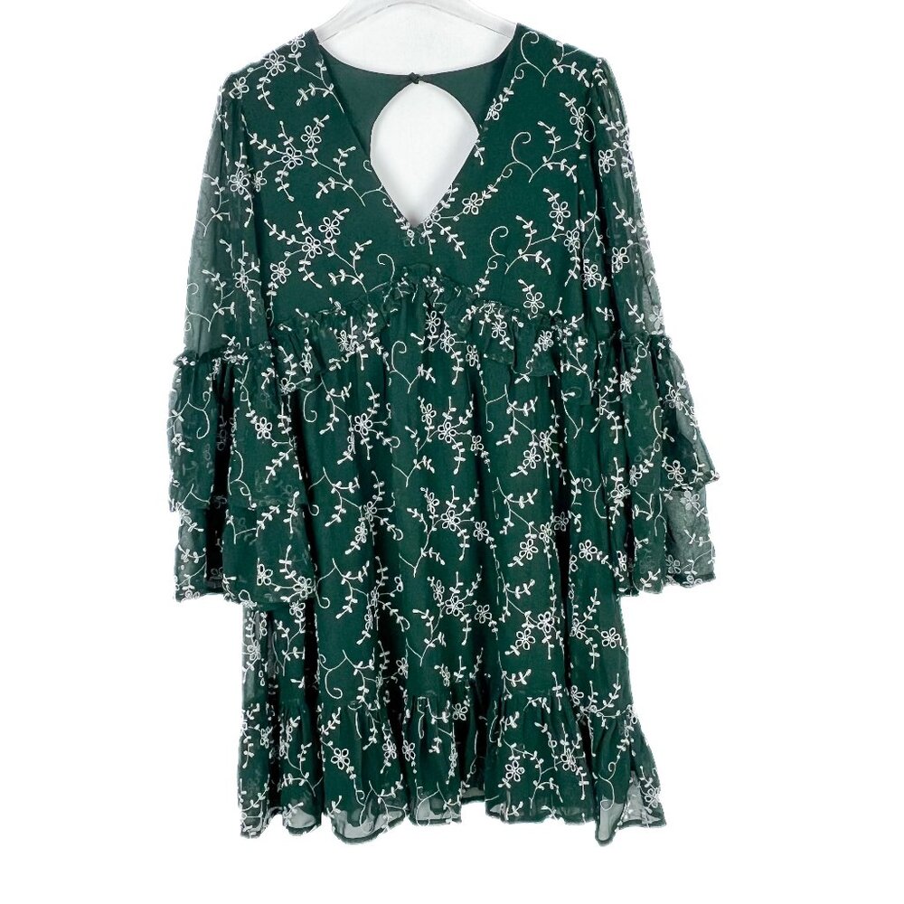 Coast Floral Embroidered Bell Sleeve Ruffle Hem Dress Green US Size 6 EUC